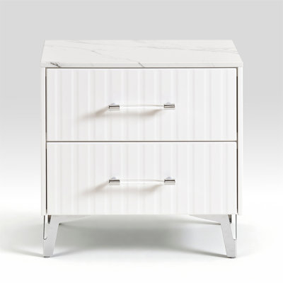 Glam White Nightstand Of 2X Storage Drawers Faux Marble Laminated Top Chrome Metal Legs Bedroom Furniture 1Pc