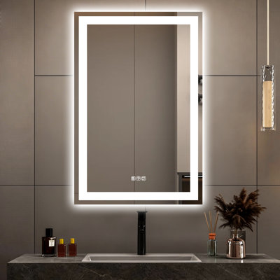 Led Rectangular Frontlit&backlit Wall Mount Mirror Anti-fog Dimmable Bathroom  Vanity Mirror Adjustment Three Color Temperature