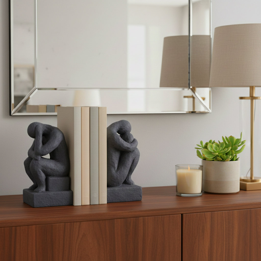 Wella Polyresin Thinking Man Bookends, 7" H x 8" W x 3" D, Black