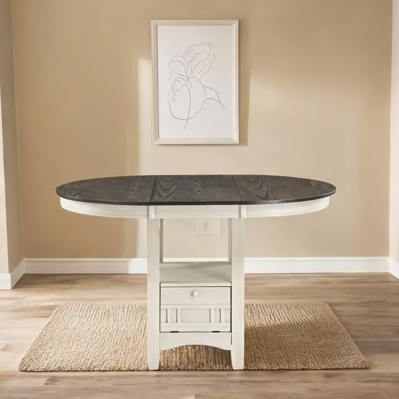 Table de salle à manger à hauteur de comptoir en chêne massif avec rallonge et rangement, finition blanc vif, peut accueillir jusqu'à 8 personnes, style traditionnel