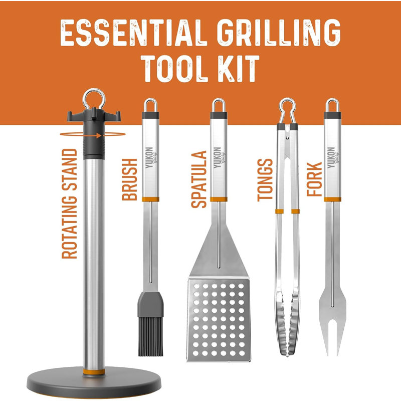 Ensemble d'outils de barbecue Yukon Glory avec support rotatif à 360 degrés, poignée de transport et plateau de capture, acier inoxydable