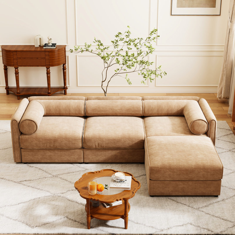Élégant canapé en chenille avec siège de rangement et repose-pieds, dossier cylindrique en forme de L à 3 places et accoudoirs, canapé contemporain en tissu à 3 places avec compartiment de rangement caché