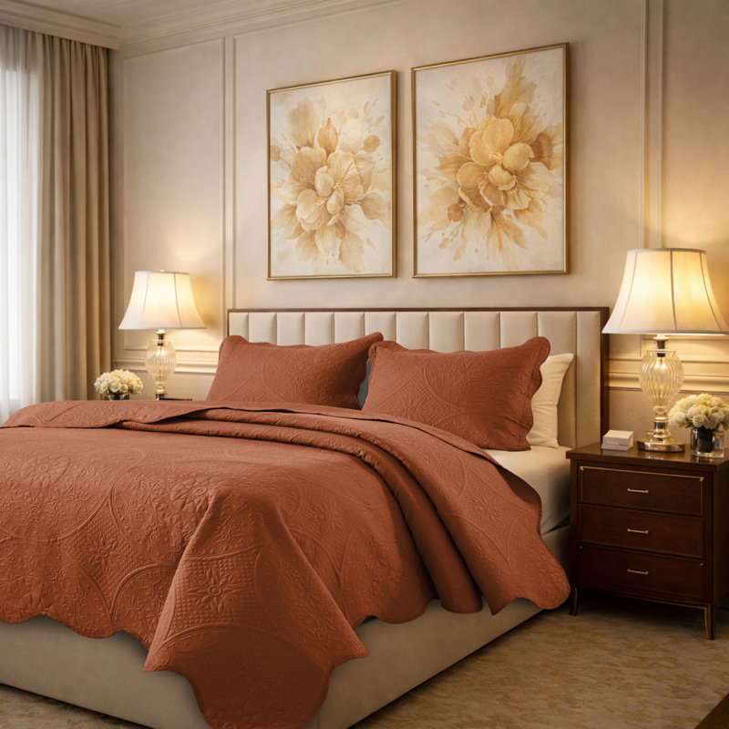 Floral Embossed Microfiber Quilt Set Pre-Washed  Soft Bedspread, Dark Orange, King Bedspread + 2 King Pillowcases