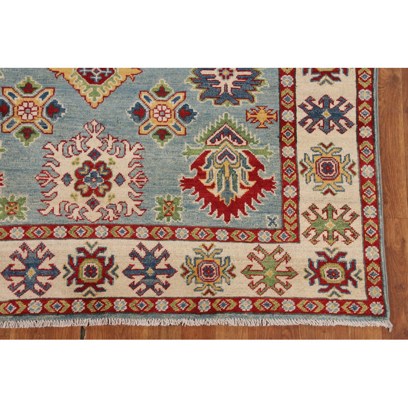 Tapis oriental Kazak à motif géométrique bleu clair 5 x 7