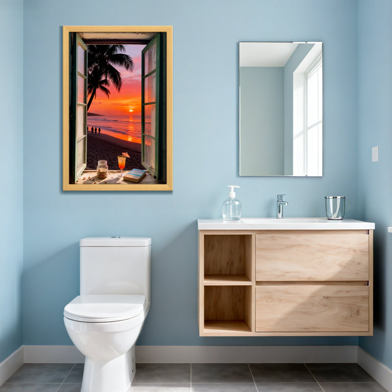 Paysage et nature, coucher de soleil tropical, plage, palmier, fenêtre, cocktail, Toile tendue, Ne s’applique pas