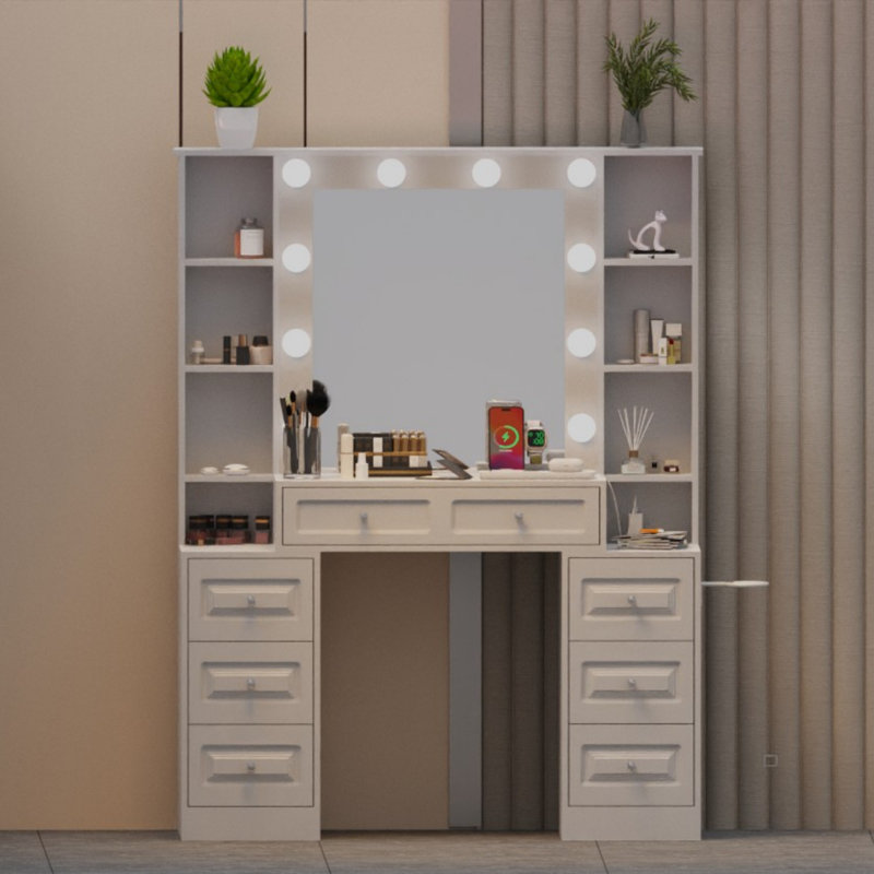 Vanity Desk with with Mirror and Lights,Makeup Vanity Table with Glass Top and  Drawers&Cushioned Stool,Dressing Table with Drawers, Bedroom Makeup Table for Women