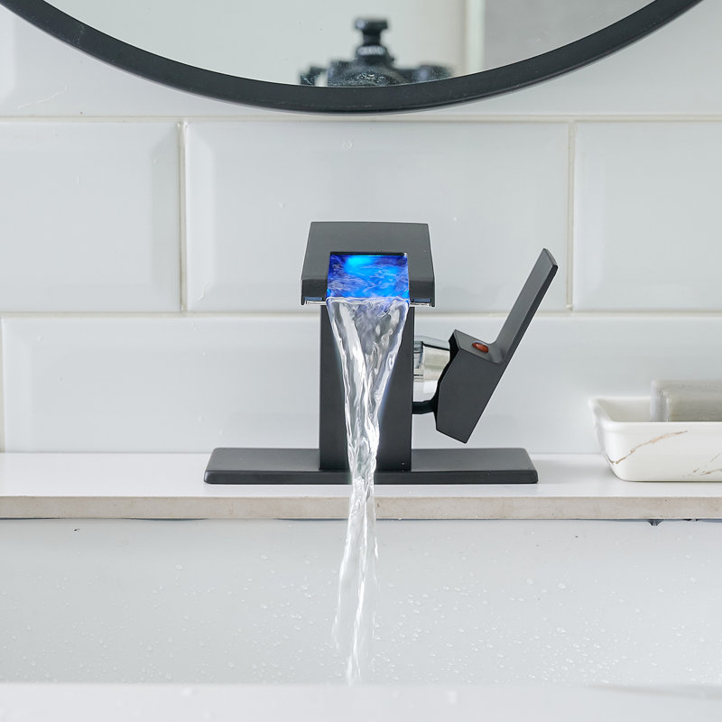 Robinet de salle de bain avec bec de cascade à changement de couleur à DEL 3 lumières, mélangeur d'eau chaude et froide à fixation sur le comptoir, robinet de lavabo noir