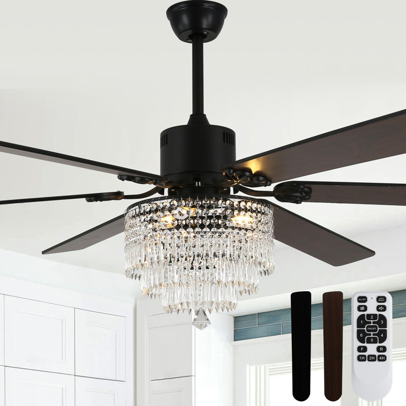 65 Inch Modern Crystal Ceiling Fan with Light and Remote, 6-Speed Quiet DC Motor, Timer for Large Living Room, Bedroom, Black