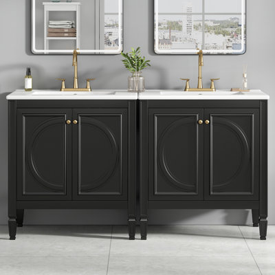 Ensemble de meuble-lavabo 60 po avec lavabo double, lavabo en céramique, portes à fermeture en douceur avec tablette, tiroir de rangement