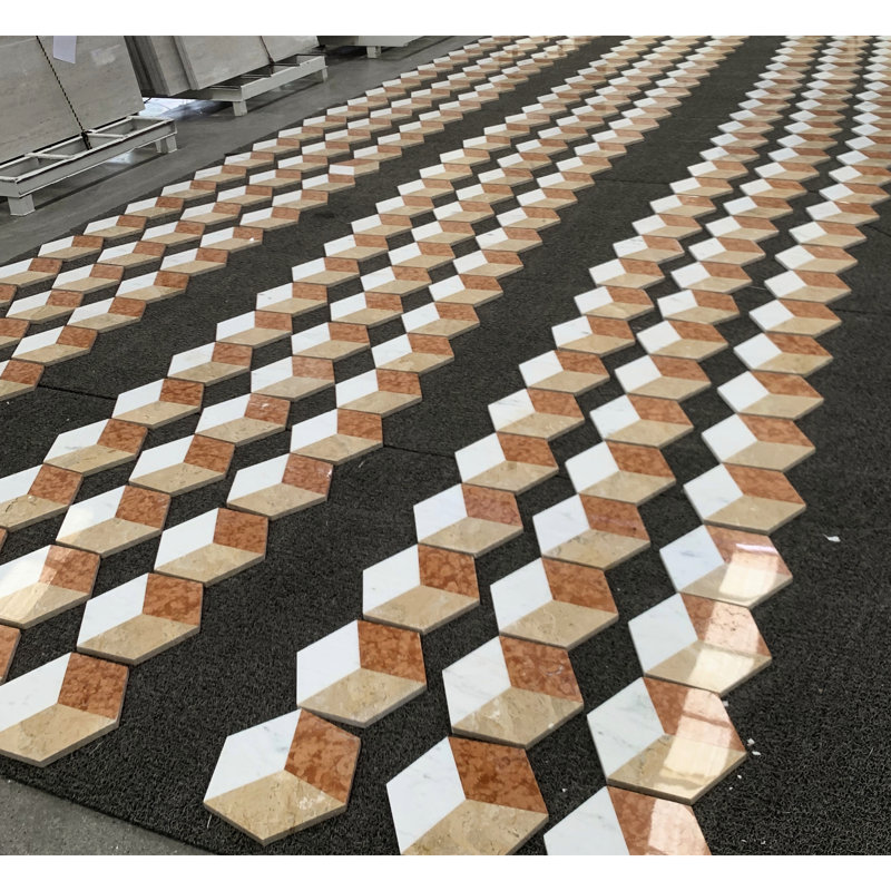 , Carreaux de marbre hexagonaux polis à jet d'eau tricolore blanc et rouge, naturel pour mur et plancher de couloir, 12 pièces par boîte, variation unique