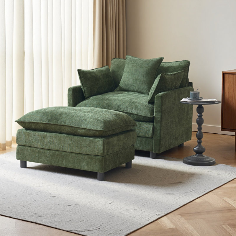 39.4" Modern Accent Chair With Ottoman, Living Room Club Chair Chenille Upholstered Armchair, Green