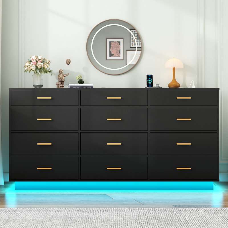 12 Drawer Dresser With LED Lights and Charging Station For Bedroom, Living Room, Entryway, and Hallway Wrought Studio Color: Black