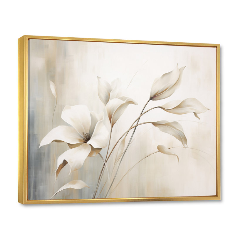 Élégance botanique blanche III - Botanique abstraite, art mural, Cadre flottant doré, H 12 po x l 20 po x P 1 po