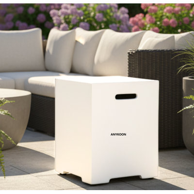This 16-inch cover fits standard 20 LB propane tanks. Made of lightweight magnesium oxide composite, it features concrete texture, weather and heat resistance for outdoor scenarios. The multifunctional 2-in-1 unit hides gas tanks and doubles as a patio s