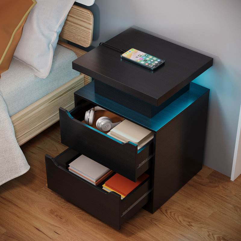17.1''W 2-Drawer Nightstands with RGB LED Lights and Built-in Charging Station, Black