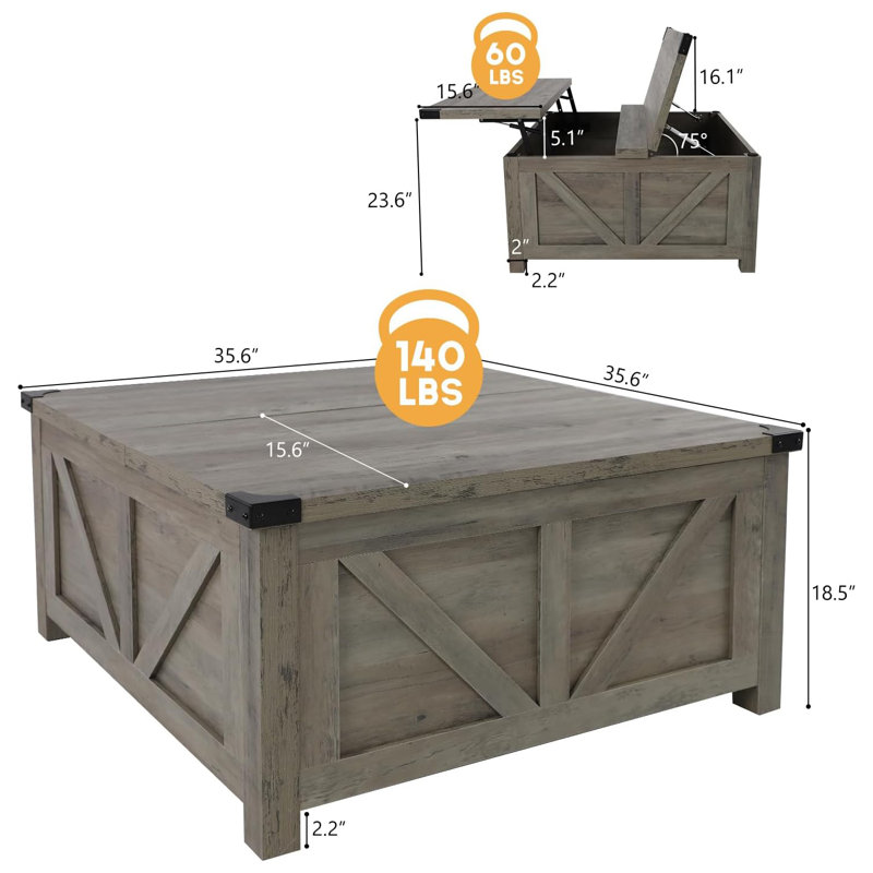 Vardell Single Coffee Table, 18.5" H x 35.6" W x 35.6" D, Gray Wash