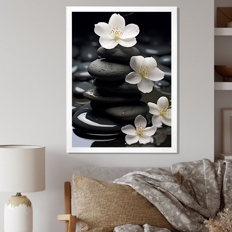 Zen Zen Serenity fleurs blanches pierre noire Cairn - impressions spirituelles sur pierre, H 32 po x l 24 po, Blanc