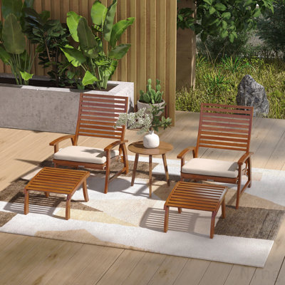 4 Pieces Patio Chairs With Cushion, Outdoor Dining Chairs Set Of 4, Acacia Wood Seat With Footstools, Slatted Seat & Backrest, Armrests, Cream White