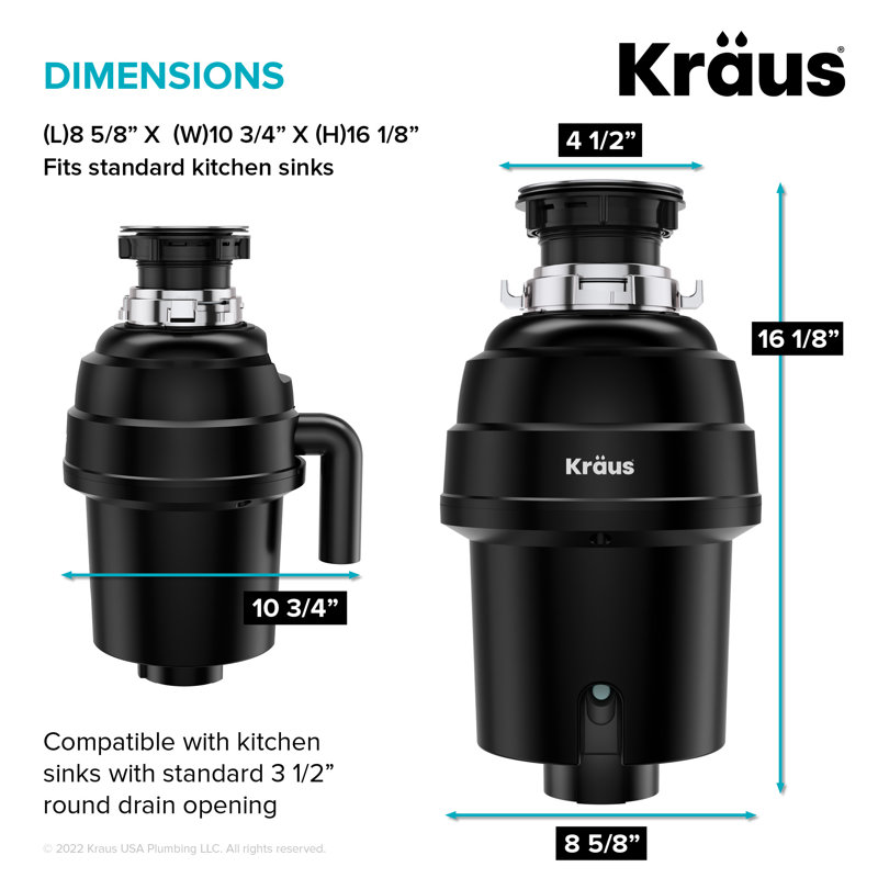  KRAUS WasteGuard 1 HP Continuous Feed Garbage Disposal with Ultra-Quiet Motor for Kitchen Sinks with Power Cord and Flange Included