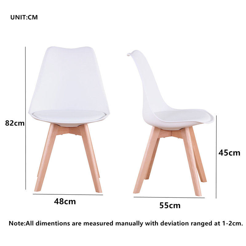 42.5cm Modern style Dining Chair, Padded Plastic Side Chair with Solid Wood Legs, White, 2