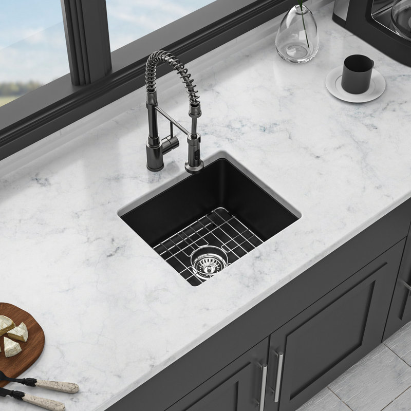 Évier de cuisine encastré noir à quartz 17,32 po x 15,77 po - Composite avancé pour un évier stable, élimine le bruit et la saleté, surfaces de nettoyage non poreuses, conception arrondie, est livré avec une grille de guidage en granit