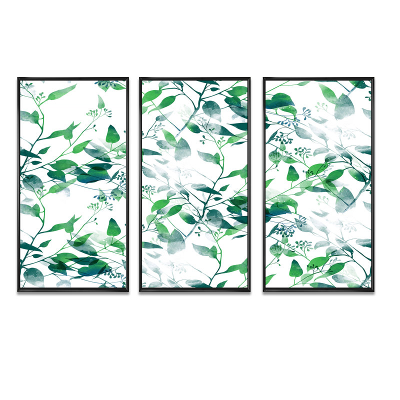 Silhouette de feuilles d'eucalyptus II - ensemble de 3 toiles encadrées, Noir, H 32 po x l 48 po