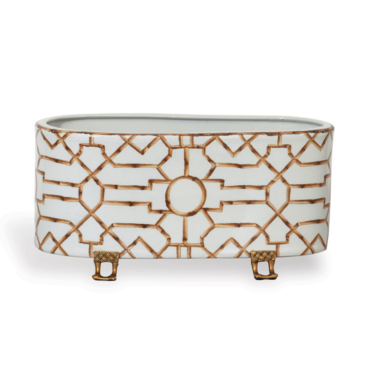 White and Gold Oval Ceramic Outdoor Planter