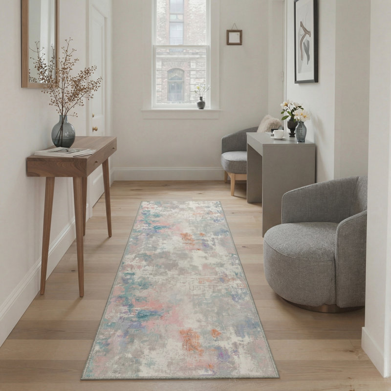 Tapis beige / rose / vert Pavelina, Tapis de couloir de 2 pi x 7 pi