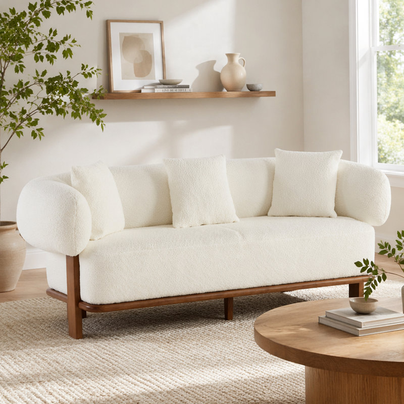 Round Arm Curved Sofa-Beige, Beige