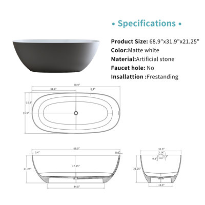 Baignoire de trempage autoportante 69 pouces avec surface blanche matte et trop-plein avec trop-plein
