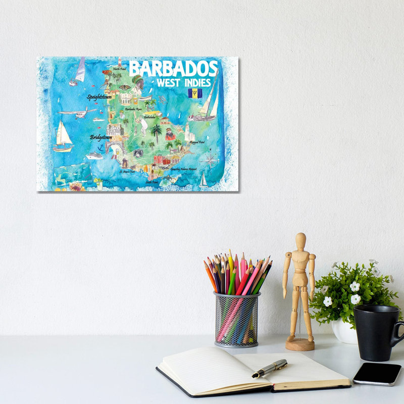 Barbados Antilles Illustrated Caribbean Map with Highlights of West Indies Island Dream by Markus & Martina Bleichner - Wrapped Canvas Graphic Art 1 Piece Wrapped Canvas Wall Art