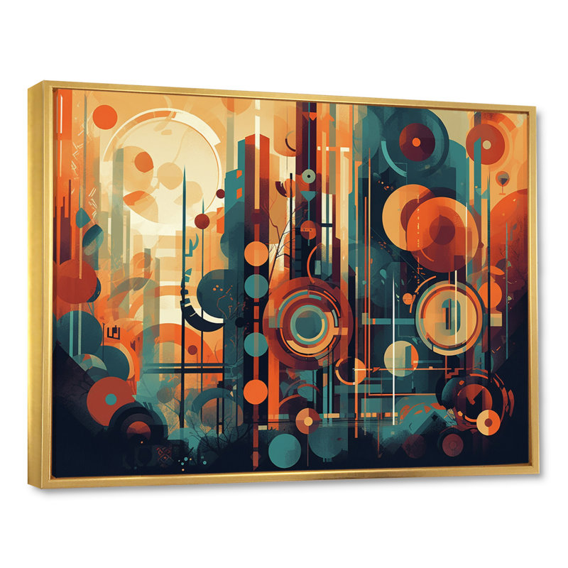 Braxtyn orange et bleu abstrait nostalgie II - art abstrait Mid-Century, H 34 po x l 44 po x P 1,5 po, Cadre flottant doré