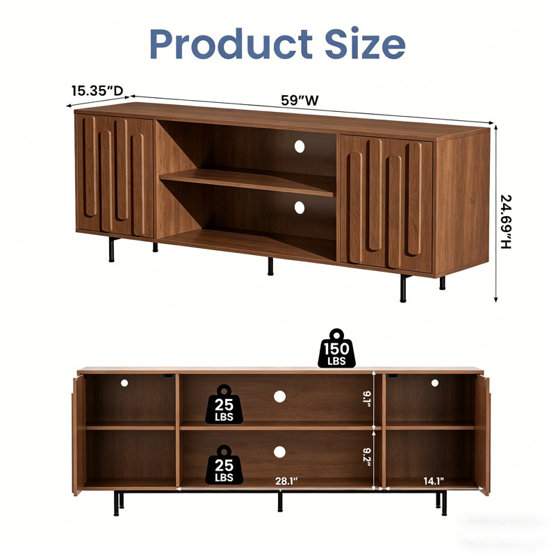 59" Wide TV Stand for TVs up to 65" – Adjustable Shelves, Elegant Raised Wood Trim Handles, Mid-Century Modern Entertainment Console for Living Room, 150 lb Capacity