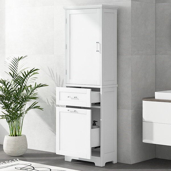 Grande armoire de rangement autoportante blanche avec 2 tiroirs de tailles différentes et une tablette réglable, Blanc
