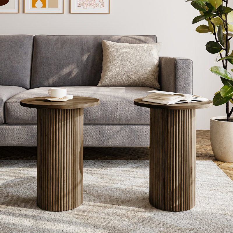 Pedestal Wood Round End Table Set Drum Side Table (Set of 2), Brown