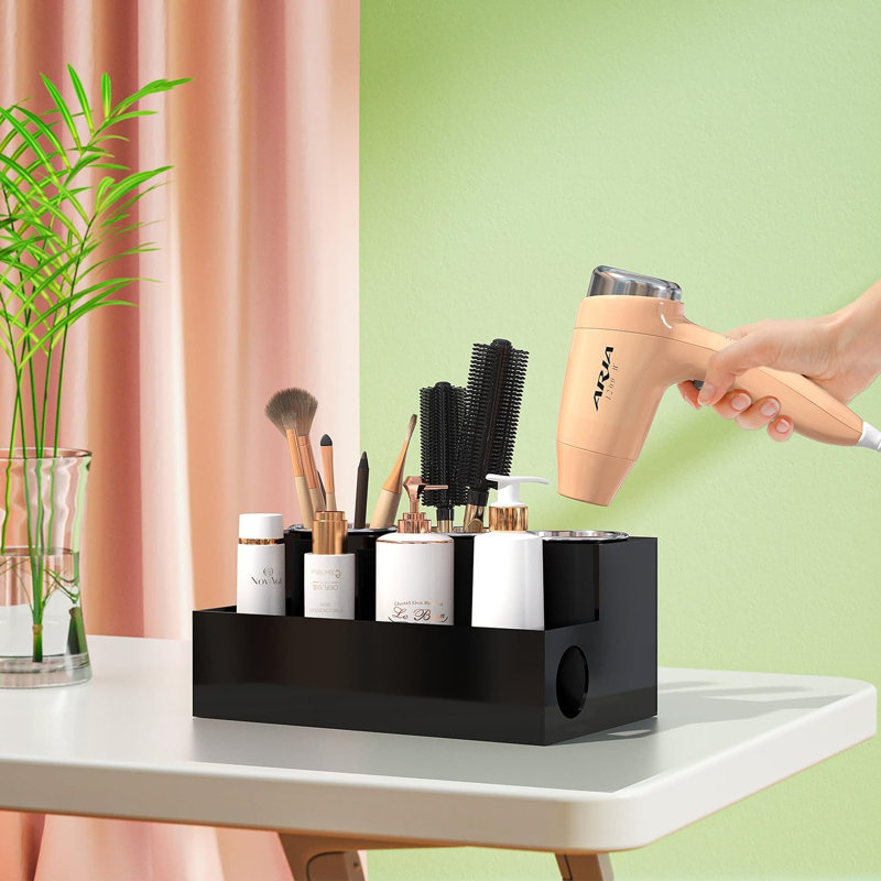 Organisateur pour outils à cheveux, support pour sèche-cheveux en acrylique noir avec 3 tasses