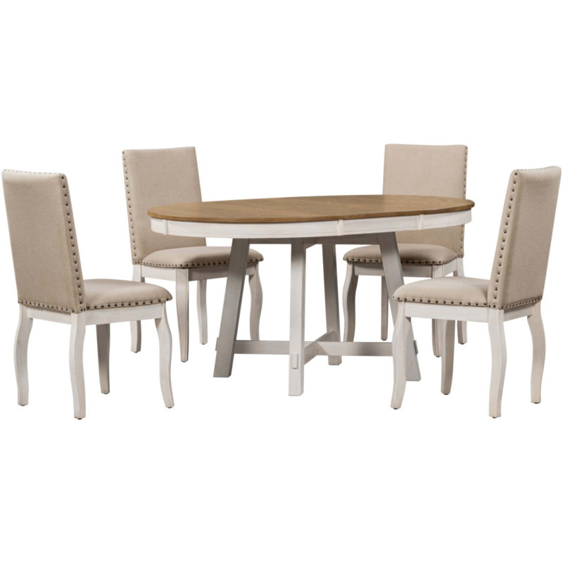 Ensemble de salle à manger extensible pour 4 personnes Zaena, Blanc antique, Bois de chêne naturel, Beige / blanc antique