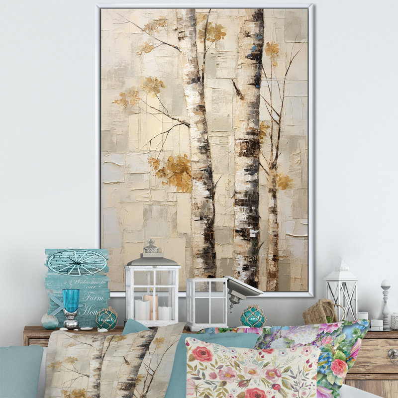 Arbre de minimalisme bouleau IV sur toile, Cadre flottant blanc, H 20 po x l 12 po x P 1 po