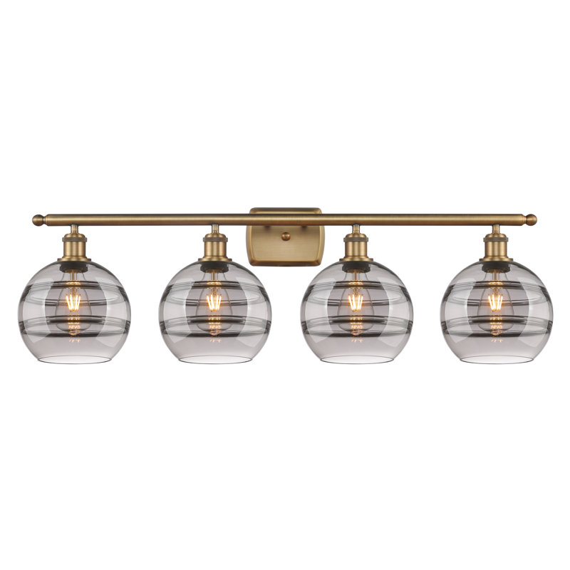Éclairage pour meuble-lavabo à 4 lumières à intensité variable Chartoff, Gris fumée clair, Laiton brossé