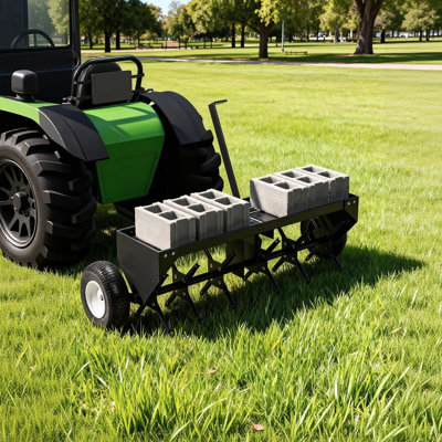 40-Inch Tow Behind Lawn Plug Aerator with Gloves and Universal Hitch, Lawn Aerator Tow Behind with Steel Tines,Tray and Inflatable Wheels for Gardens, Lawns and Farms
