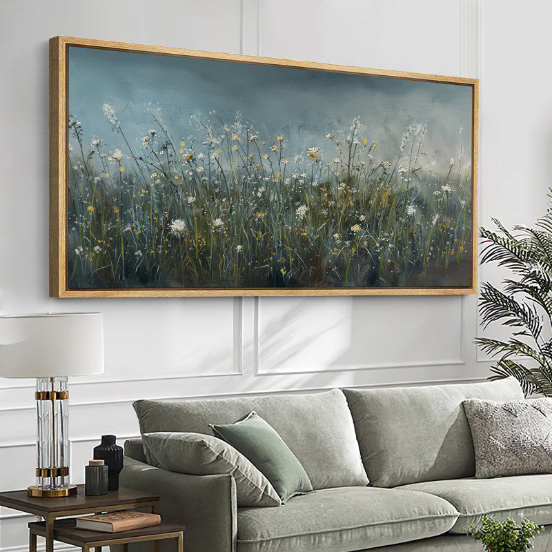 «Moody Blueish Green Wildflowers», art mural de chambre à coucher champêtre, impression numérique sur toile giclée sur toile