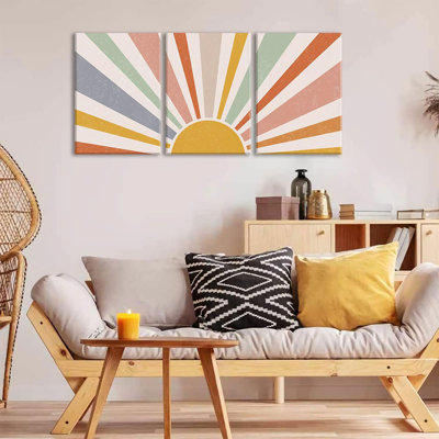 Boho Sun Canvas Wall Art Prints Set Of 3 Rainbow Sun Rising On Horizon Line Wall Decor Colorful Abstract Geometric Paintings Pictures For Living Room Bedroom Toddler Kids Room