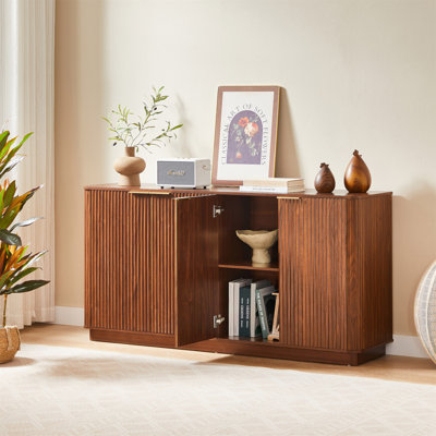 Buffet 63 po à rayures verticales avec rangement Stoarge, forme ondulée, meuble télé, pour chambre à coucher, salon, couloir, noyer, l 63 po x P 15,75 po x H 31,5 po.