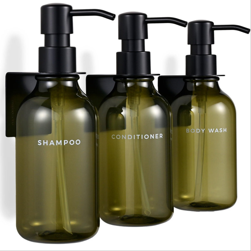 Distributeur de shampooing et revitalisant mural en trois pièces, vert, sans perçage requis, rechargeable, adapté au distributeur de savon de douche de salle de bain, accessoire de style hôtel spa