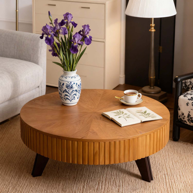 Retro Round Coffee Table With Storage, 15.7" H x 39.37" L x 39.37" W, Natural Top/Brown Base