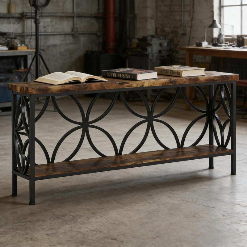 Table basse, canapé industriel, console 2 niveaux, Noir / brun rustique