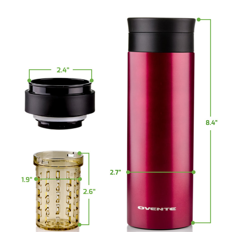 Ovente Stainless Steel Vacuum Insulated Coffee Water Mug, 12 oz Portable Double Wall Handheld Tumbler with Tea Infuser, BPA-Free Spill Proof Travel Friendly for Hot Cold Beverage, Silver MSA12S