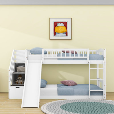 Twin Over Twin Bunk Bed With Slide, Storage Staircase, Ladder And Guardrails