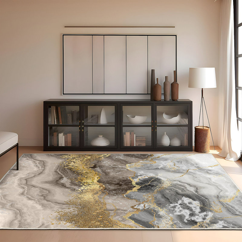 Twyla Abstract Machine Made Flatweave Velvet Area Rug in Beige/Gold, Rectangle 5'3" x 7'7"