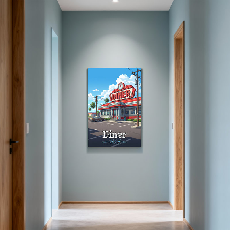 Scène et paysage urbain rétro, bâtiment de salle à manger avec panneau rouge et horloge